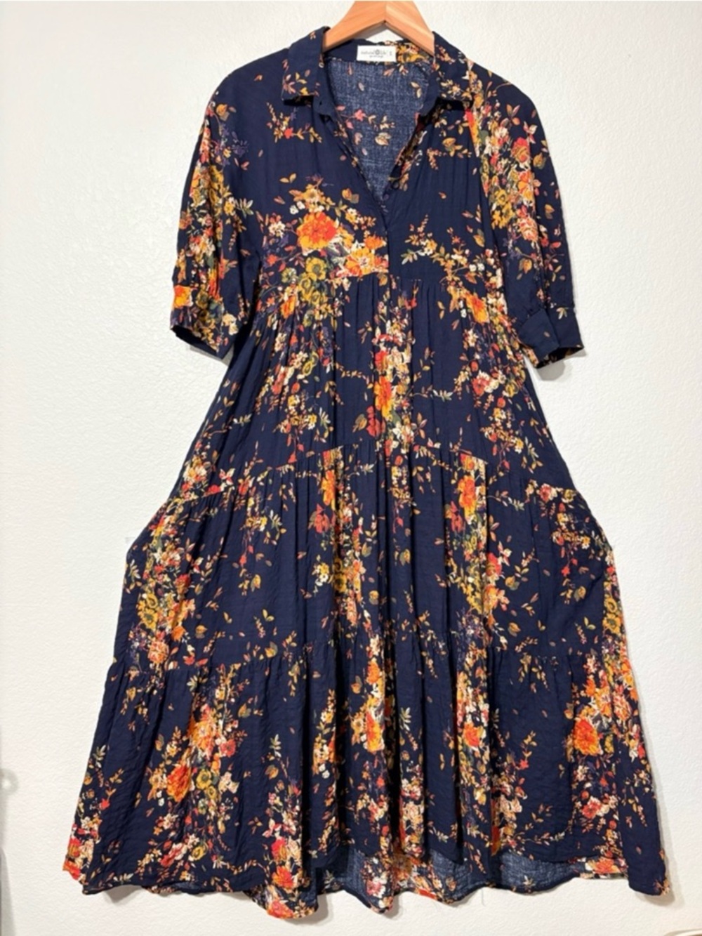 NATURAL LIFE Navy Floral Tiered Midi Dress with Orange & Yellow Accents